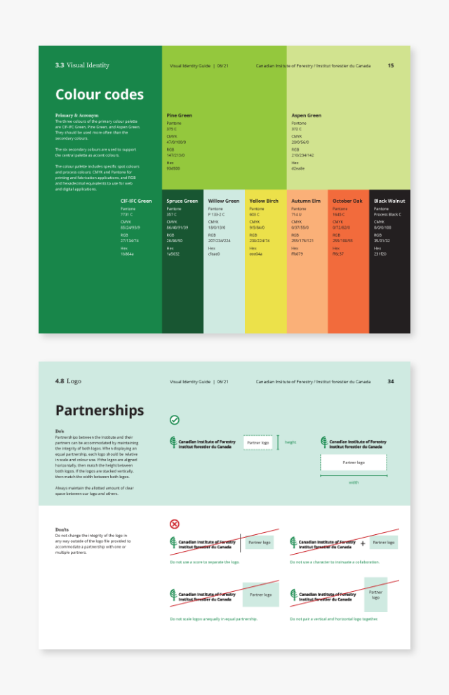 Guide-1 Two sample pages from the CIF-IFC visual identity guide focusing on colour codes and partnerships.