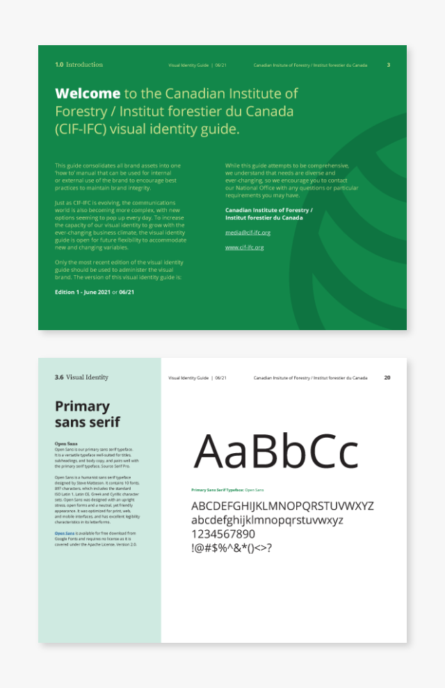 Guide-2 Two sample pages from the CIF-IFC visual identity guide focusing on an introduction and san serif typefaces.