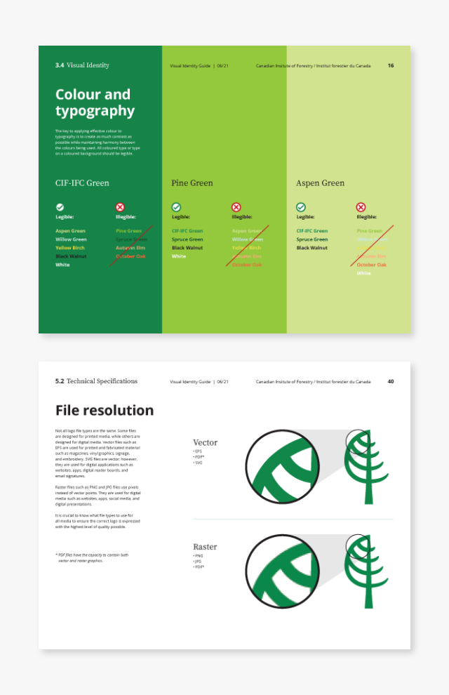 Guide-3 Two sample pages from the CIF-IFC visual identity guide focusing on colour and typography, and file resolution.
