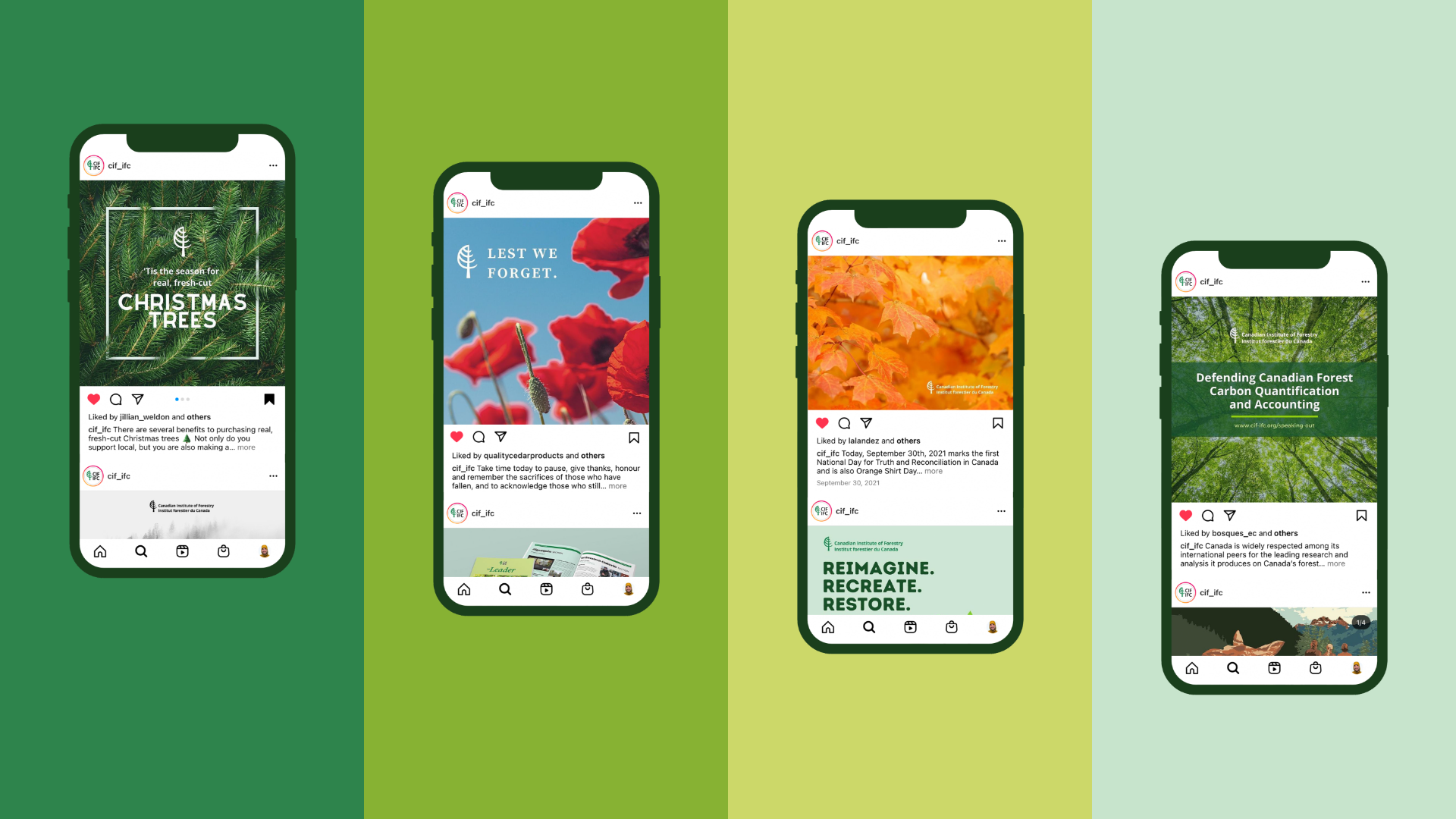 Mobile Four instagram posts laid out on cascading mobile phones.