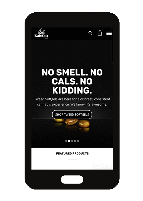 PEI-Cannabis-mobile-01 Animated GIF of PEI Cannabis website landing page on mobile phone.