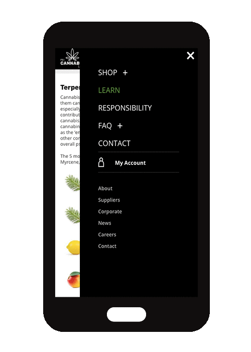 PEI-Cannabis-mobile-03 Animated GIF of PEI Cannabis website navigation on mobile phone.