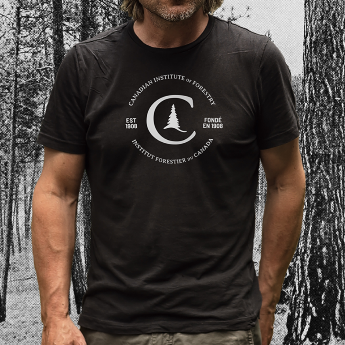 Tshirt-heritage Man wearing black t-shirt with CIF-IFC heritage logo.