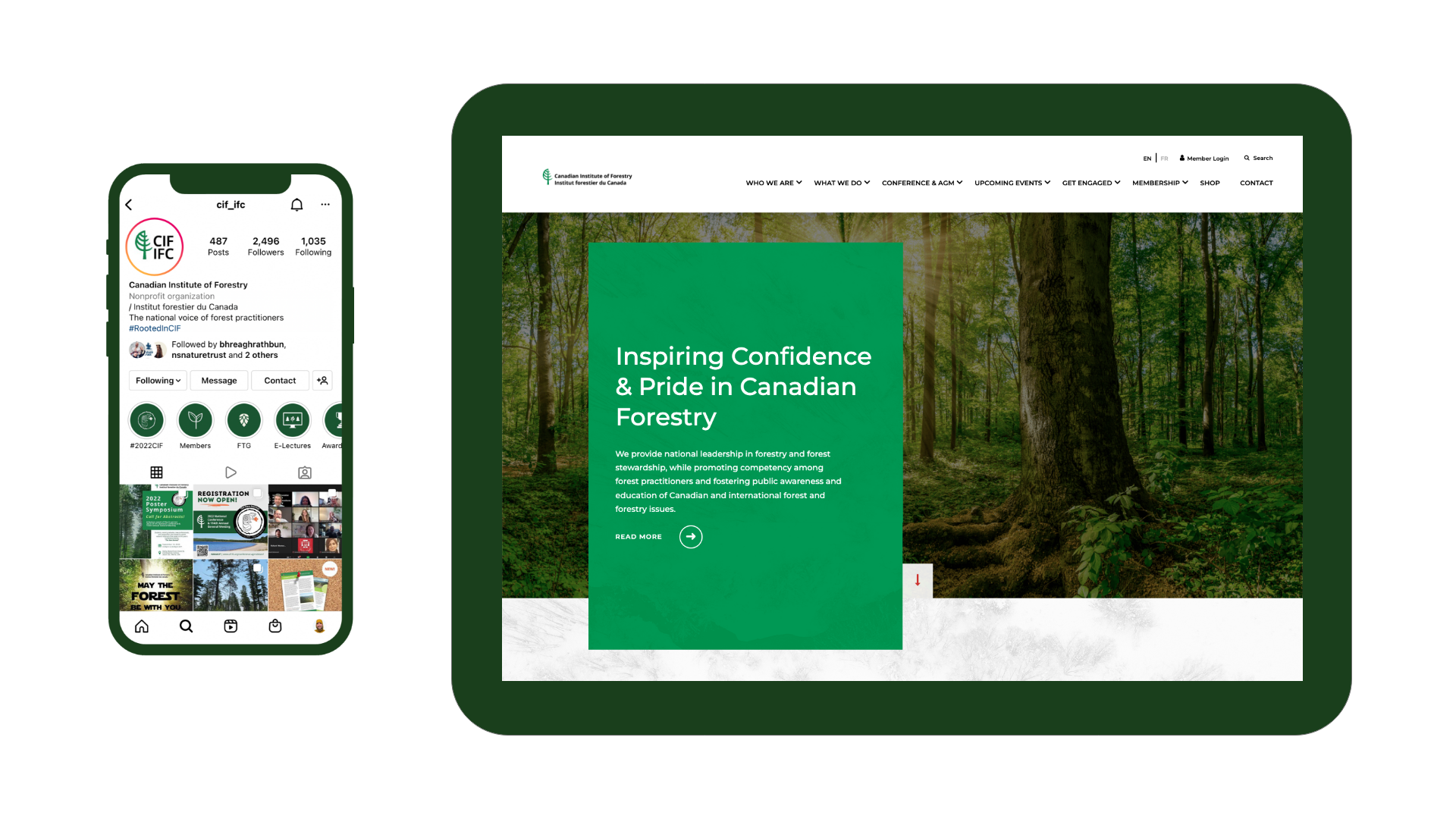 Website Desktop layout of the CIF-IFC website and mobile instagram account.