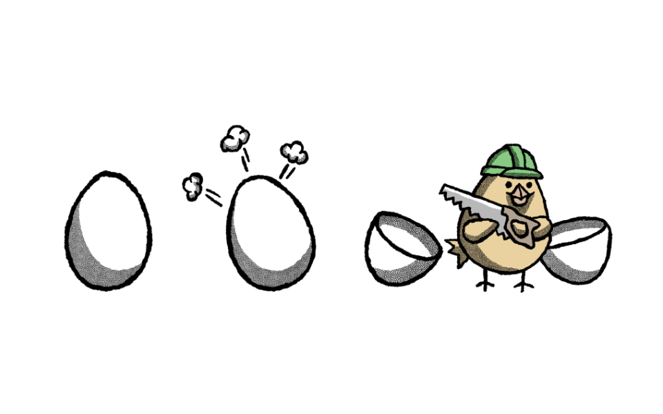 Exit-Strategy Exit strategy illustration of a chick with a saw and hard hat leaving its egg.