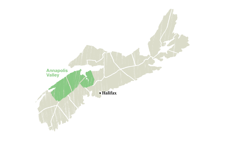 Map-Annapolis-Valley Illustration of Nova Scotia highlighting the Annapolis Valley region.