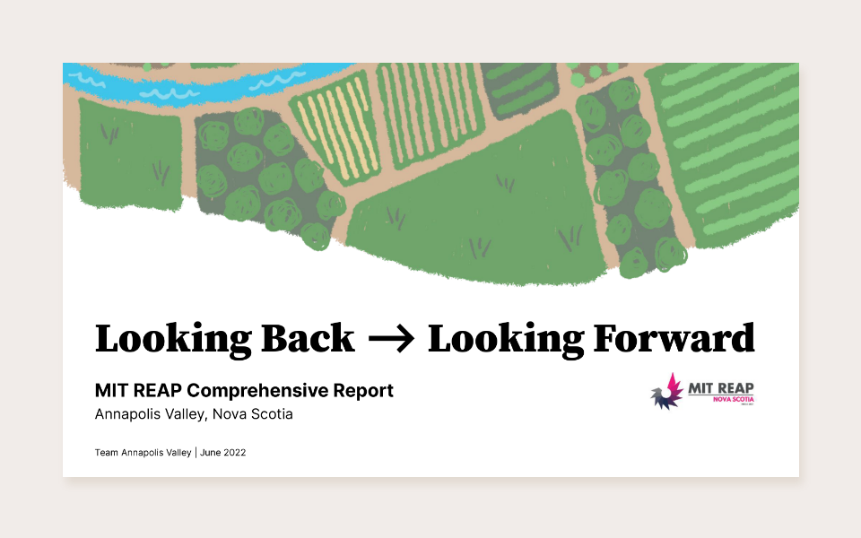 Slide-1 Title page presentation slide for the Looking Back, Looking Forward MIT REAP Comprehensive Report.