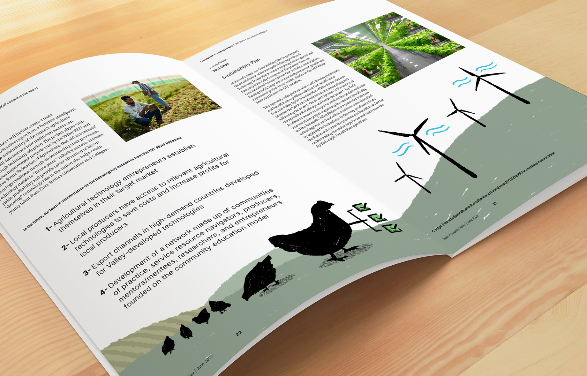 Valley-REN-Spread-1 Report spread featuring illustration of chickens feeding below wind turbines.