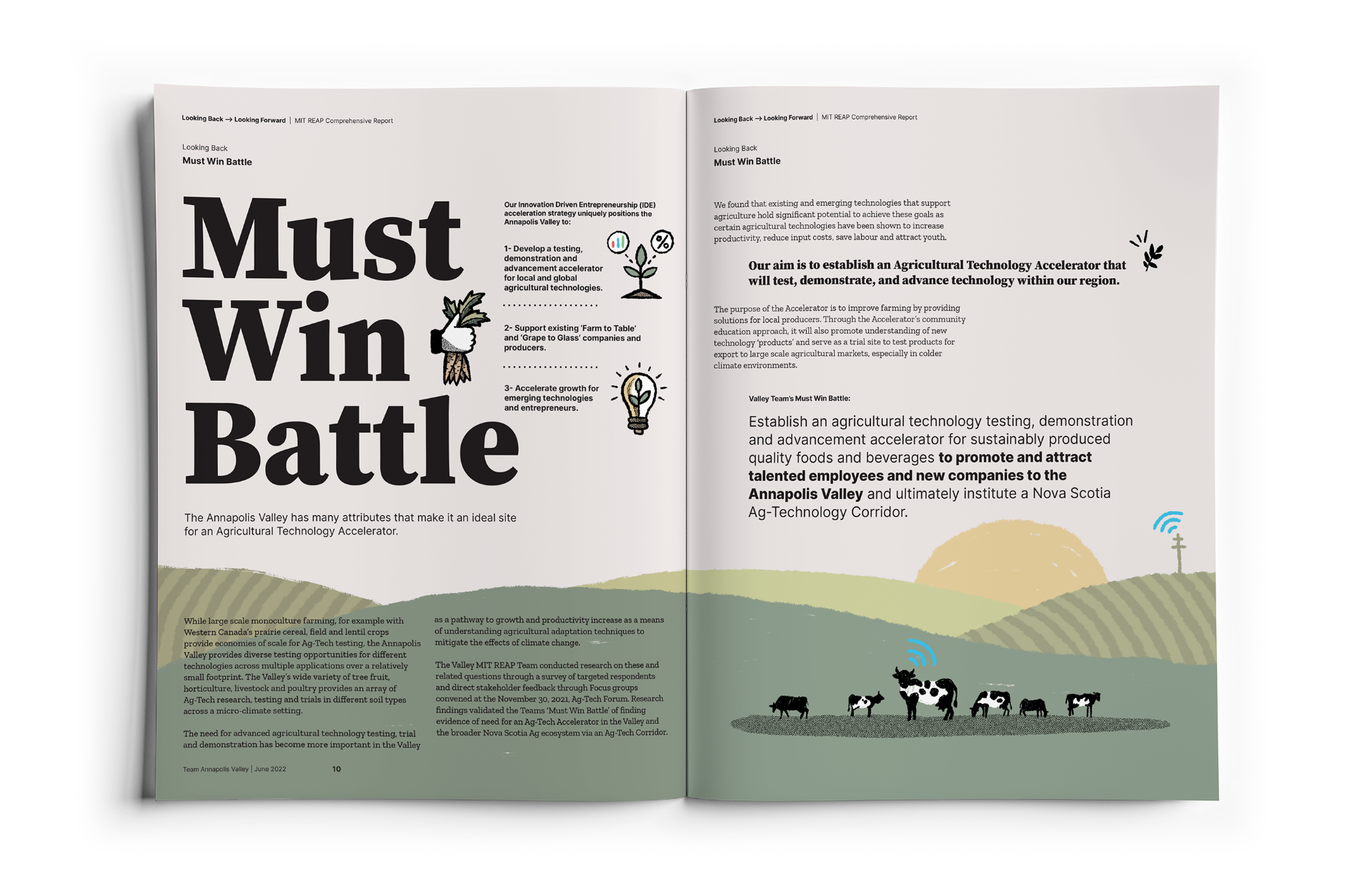 Valley-REN-Spread-2 Report spread titled, Must Win Battle, featuring an illustration of cows feeding in a pasture and three small infographic illustrations.
