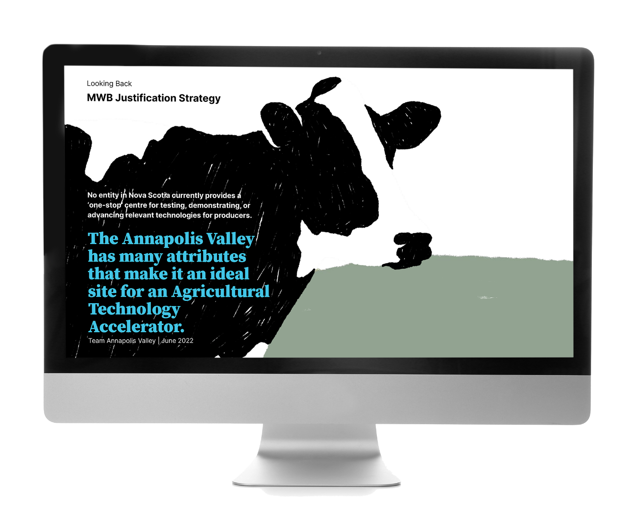 Valley-REN-Strategy Desktop monitor featuring a presentation slide for the Must Win Battle Justification Strategy and an illustration of a cow.