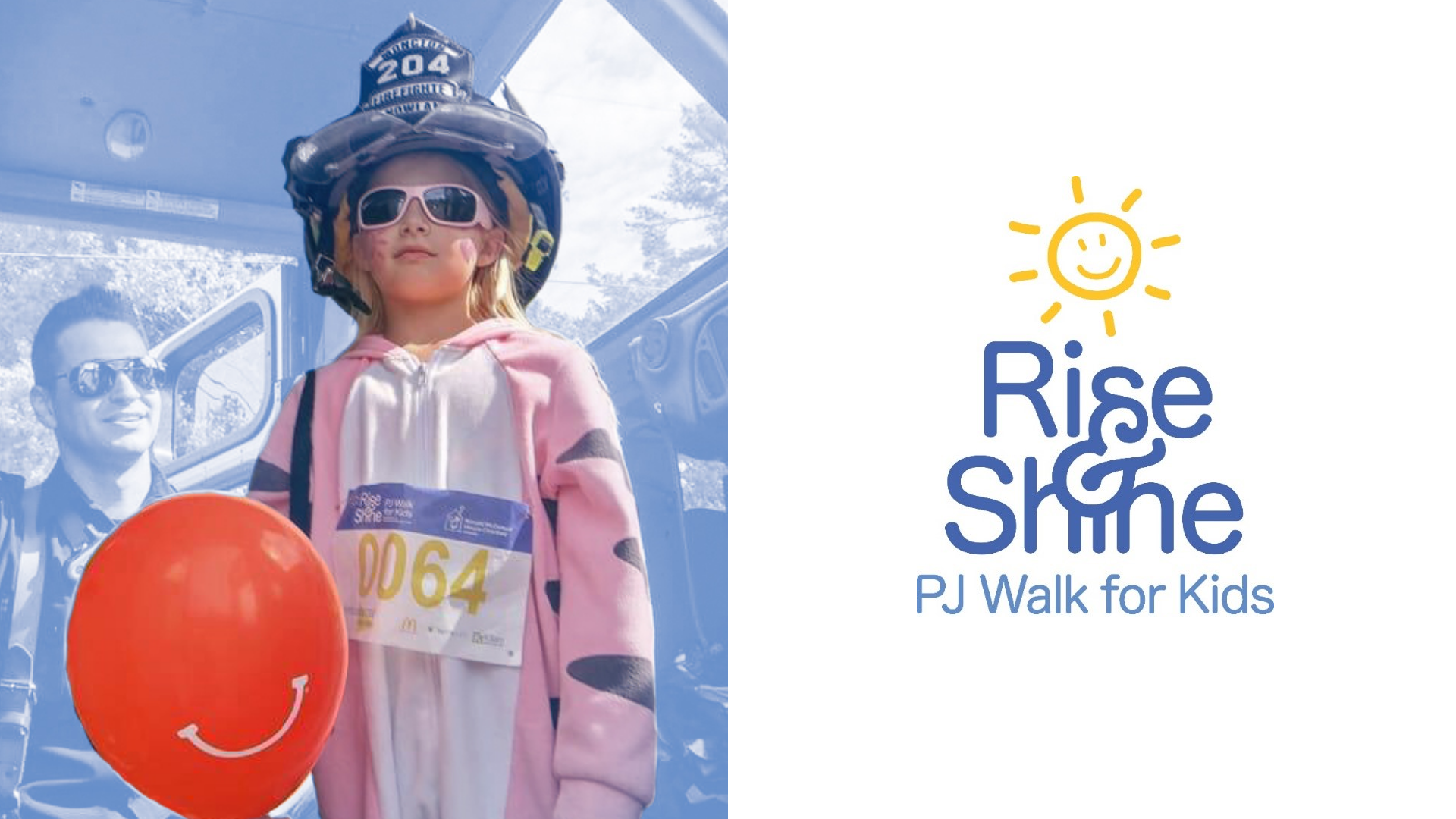 RMHCA-PJ-Walk-for-Kids-4 Young girl in her pyjamas wearing a firefighter helmet, sunglasses, and holding a red balloon.