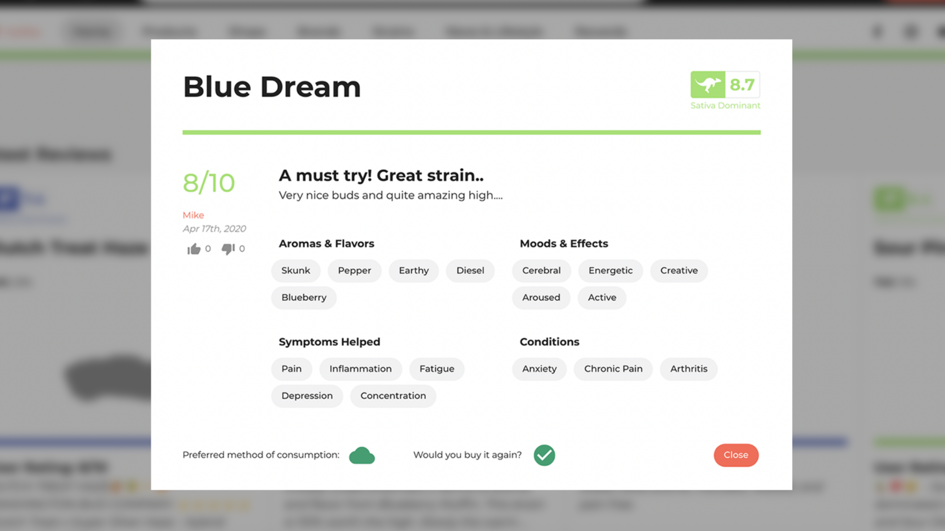 Review User review for cannabis type called Blue Dream.